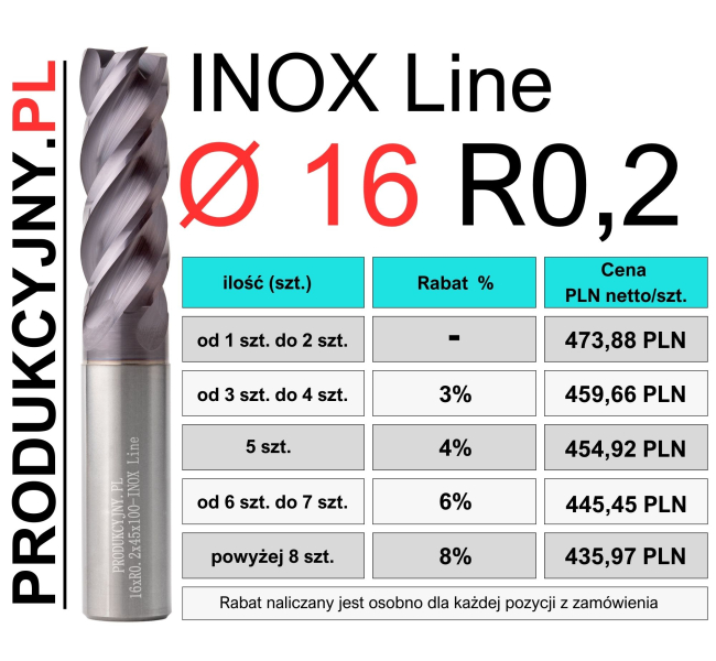 Frez z promieniem naroża fi 16 R0,2 INOX LINE